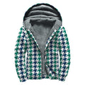 Blue Green And White Houndstooth Print Sherpa Lined Zip Up Hoodie