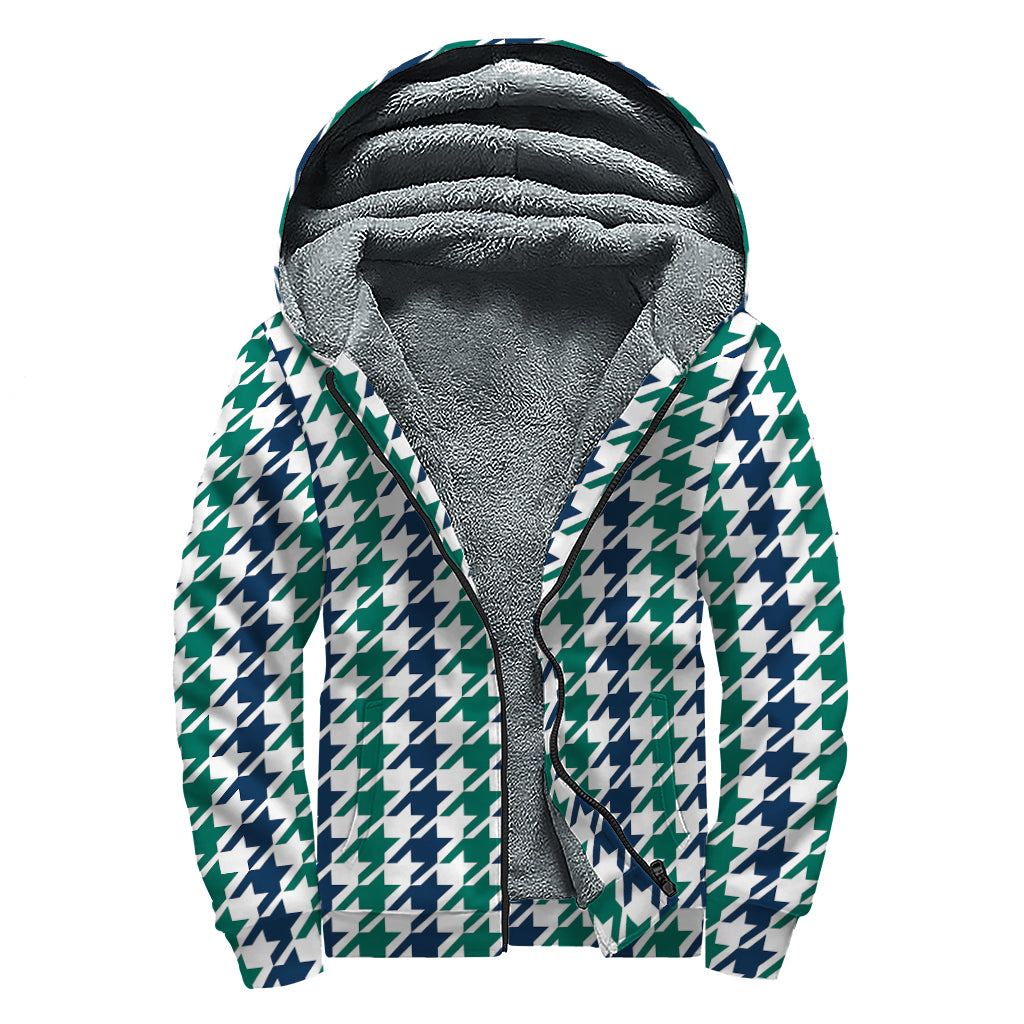Blue Green And White Houndstooth Print Sherpa Lined Zip Up Hoodie