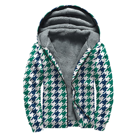 Blue Green And White Houndstooth Print Sherpa Lined Zip Up Hoodie