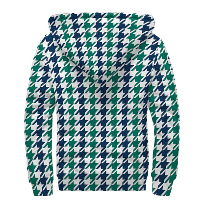 Blue Green And White Houndstooth Print Sherpa Lined Zip Up Hoodie