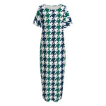Blue Green And White Houndstooth Print Short Sleeve Long Nightdress