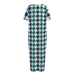 Blue Green And White Houndstooth Print Short Sleeve Long Nightdress
