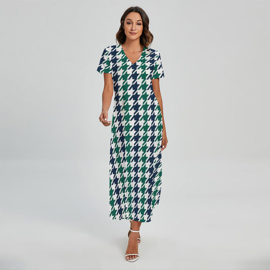 Blue Green And White Houndstooth Print Short Sleeve Maxi Dress