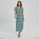 Blue Green And White Houndstooth Print Short Sleeve Maxi Dress