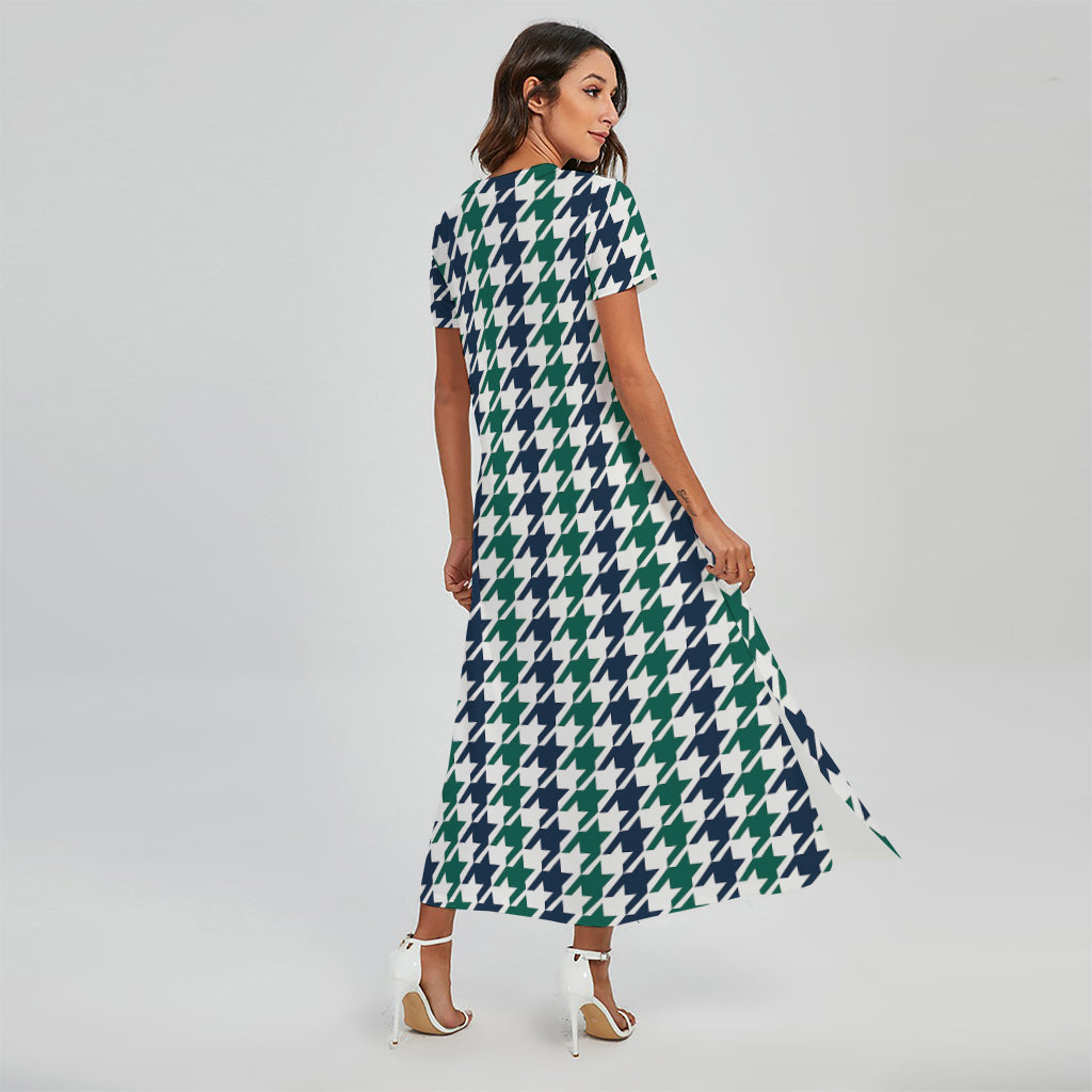 Blue Green And White Houndstooth Print Short Sleeve Maxi Dress
