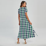 Blue Green And White Houndstooth Print Short Sleeve Maxi Dress