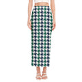 Blue Green And White Houndstooth Print Side Slit Maxi Skirt