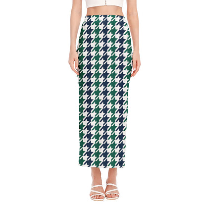 Blue Green And White Houndstooth Print Side Slit Maxi Skirt