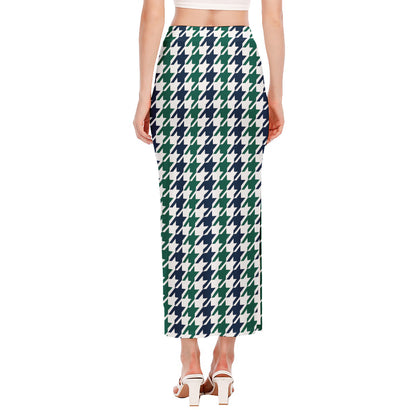Blue Green And White Houndstooth Print Side Slit Maxi Skirt
