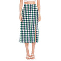 Blue Green And White Houndstooth Print Side Slit Midi Skirt