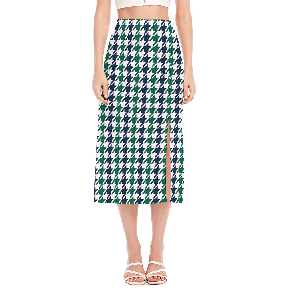 Blue Green And White Houndstooth Print Side Slit Midi Skirt