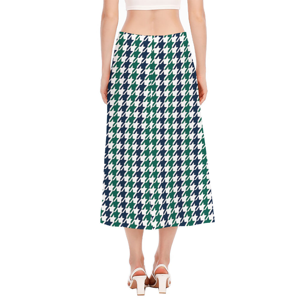 Blue Green And White Houndstooth Print Side Slit Midi Skirt