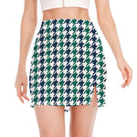 Blue Green And White Houndstooth Print Side Slit Mini Skirt