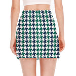Blue Green And White Houndstooth Print Side Slit Mini Skirt