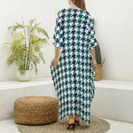 Blue Green And White Houndstooth Print Silk V-Neck Kaftan Dress