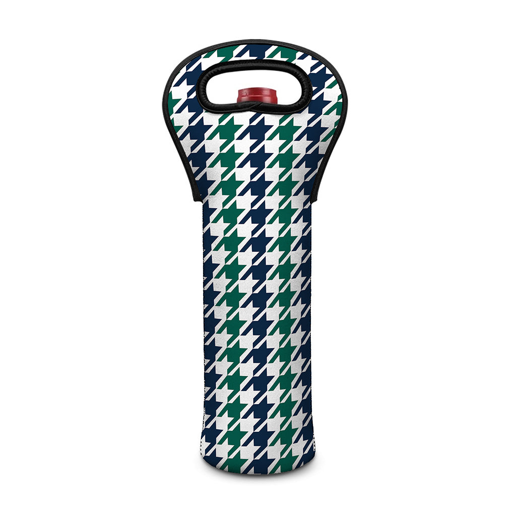 Blue Green And White Houndstooth Print Single Neoprene Wine Tote