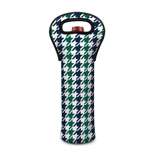 Blue Green And White Houndstooth Print Single Neoprene Wine Tote