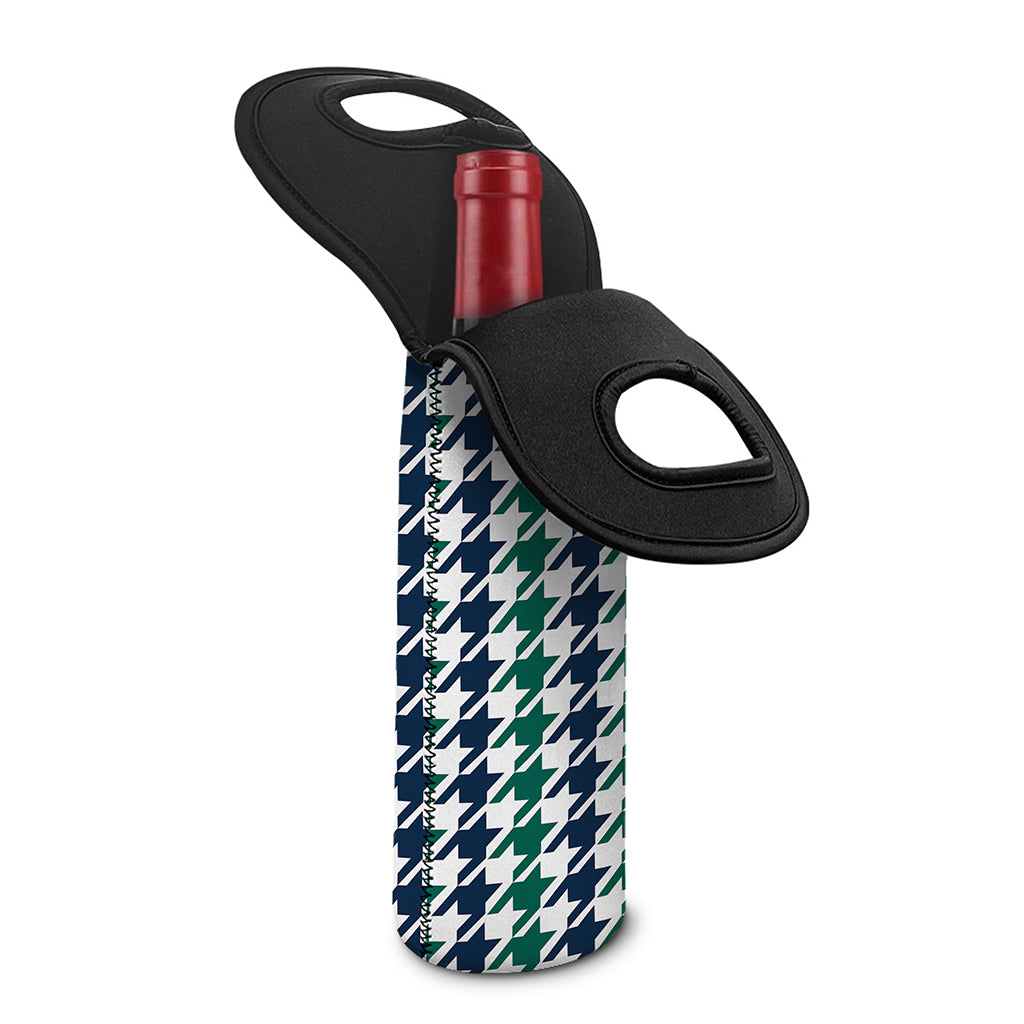 Blue Green And White Houndstooth Print Single Neoprene Wine Tote