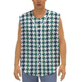 Blue Green And White Houndstooth Print Sleeveless Baseball Jersey