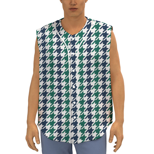 Blue Green And White Houndstooth Print Sleeveless Baseball Jersey