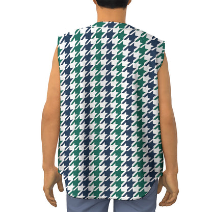 Blue Green And White Houndstooth Print Sleeveless Baseball Jersey