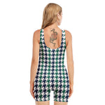 Blue Green And White Houndstooth Print Sleeveless One Piece Swimsuit