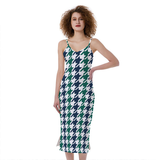 Blue Green And White Houndstooth Print Slim Fit Midi Cami Dress