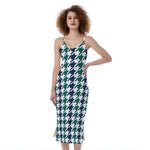 Blue Green And White Houndstooth Print Slim Fit Midi Cami Dress