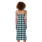 Blue Green And White Houndstooth Print Slim Fit Midi Cami Dress