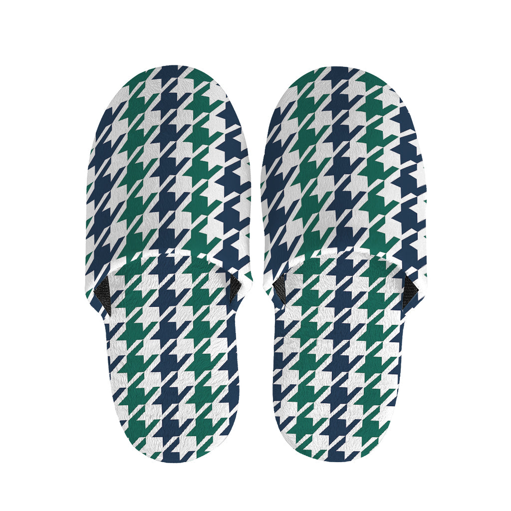 Blue Green And White Houndstooth Print Slippers