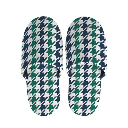 Blue Green And White Houndstooth Print Slippers