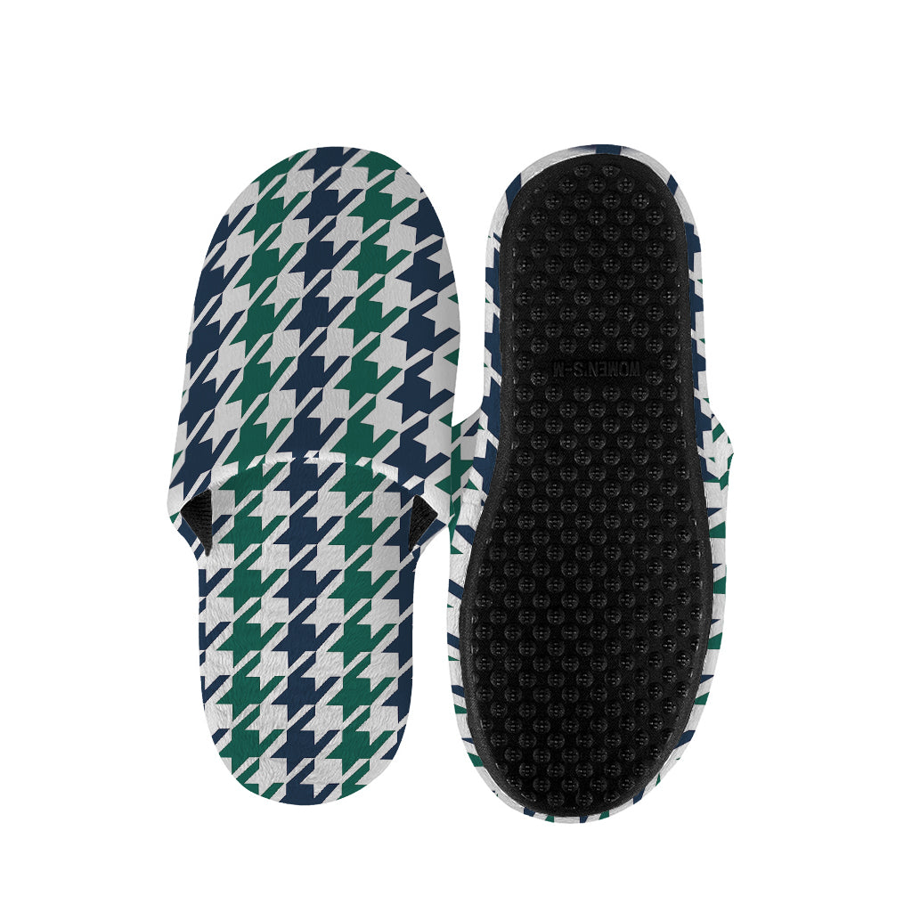 Blue Green And White Houndstooth Print Slippers