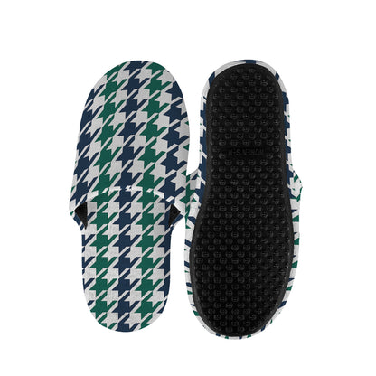 Blue Green And White Houndstooth Print Slippers