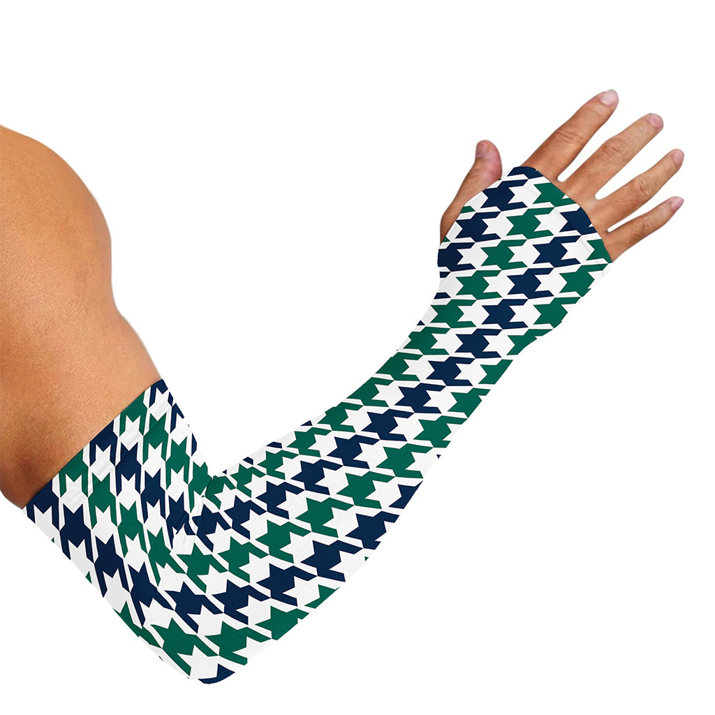 Blue Green And White Houndstooth Print Sun Protection Arm Sleeves