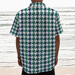 Blue Green And White Houndstooth Print Textured Short Sleeve Shirt