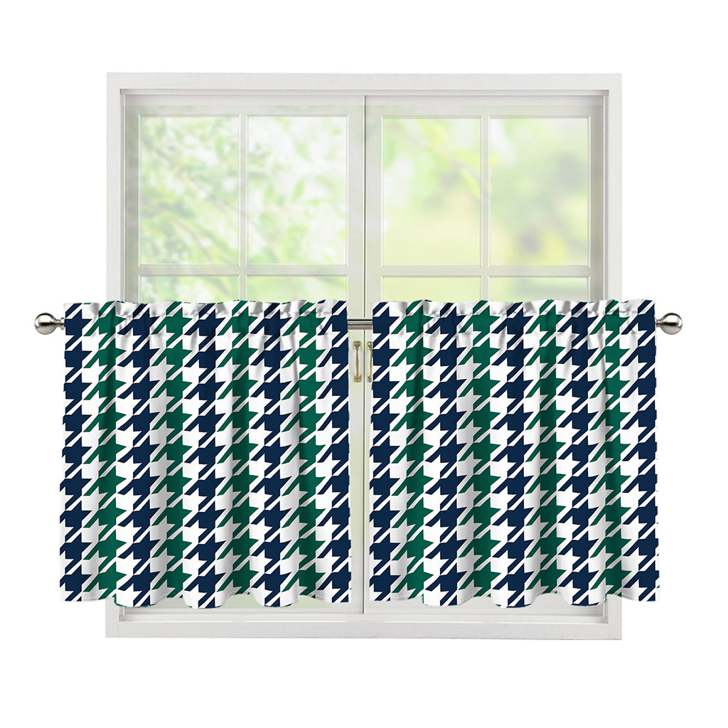 Blue Green And White Houndstooth Print Tier Curtains