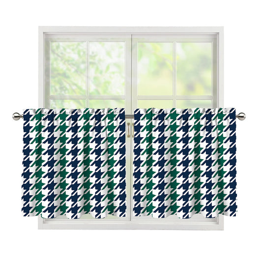 Blue Green And White Houndstooth Print Tier Curtains