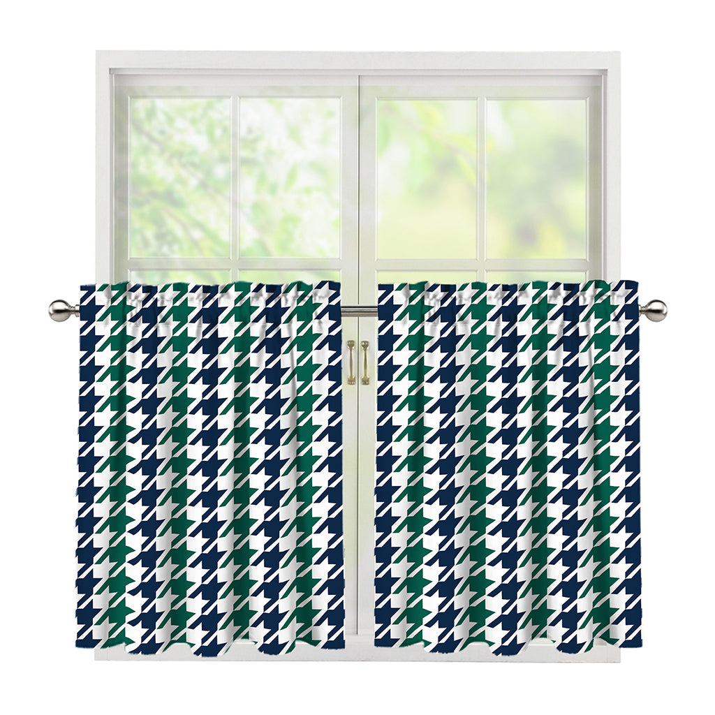 Blue Green And White Houndstooth Print Tier Curtains