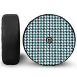 Blue Green And White Houndstooth Print Tire Cover With Camera Hole