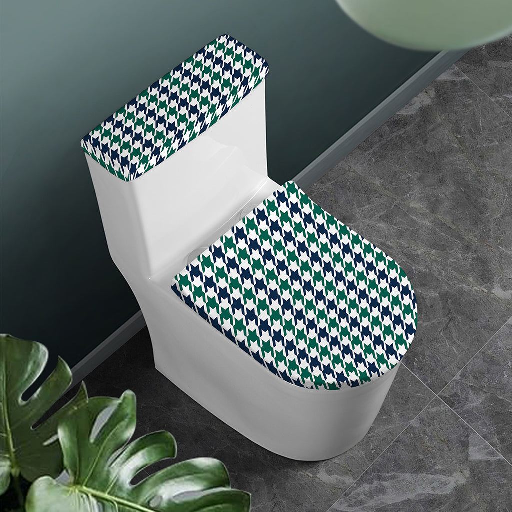 Blue Green And White Houndstooth Print Toilet Lid And Tank Cover Set