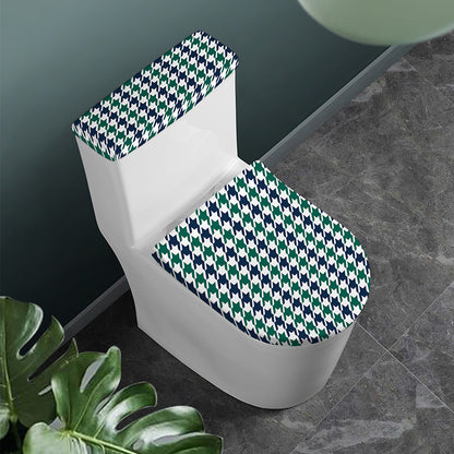 Blue Green And White Houndstooth Print Toilet Lid And Tank Cover Set