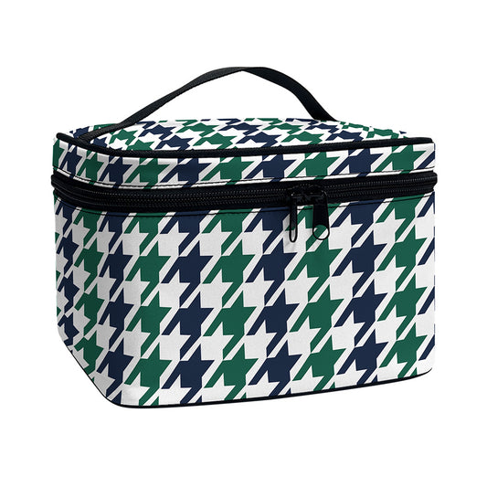 Blue Green And White Houndstooth Print Travel Makeup Bag