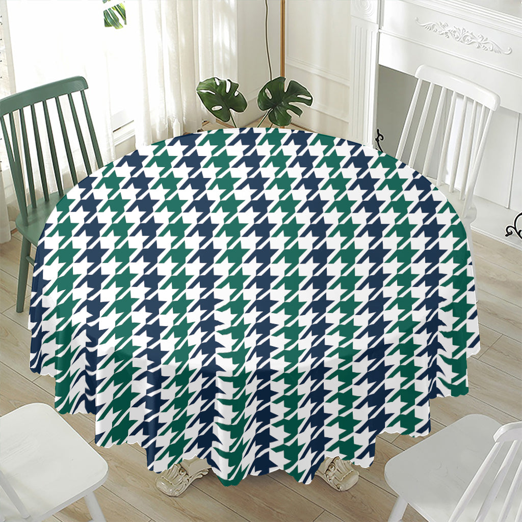 Blue Green And White Houndstooth Print Waterproof Round Tablecloth