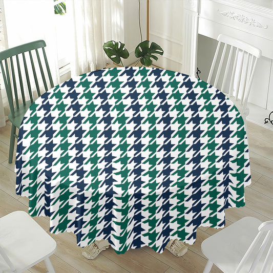 Blue Green And White Houndstooth Print Waterproof Round Tablecloth