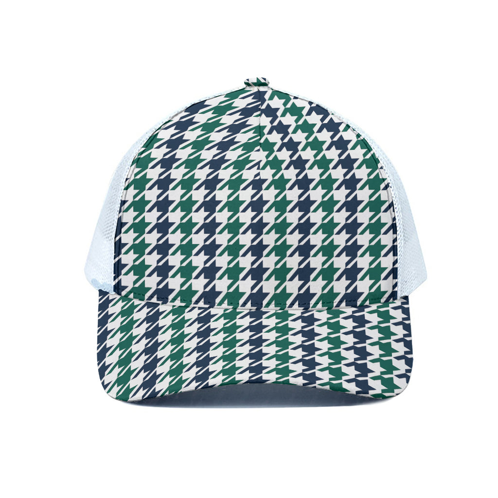 Blue Green And White Houndstooth Print White Mesh Trucker Cap