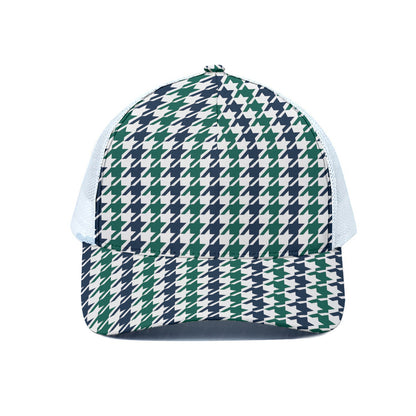 Blue Green And White Houndstooth Print White Mesh Trucker Cap