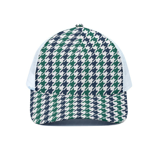 Blue Green And White Houndstooth Print White Mesh Trucker Cap
