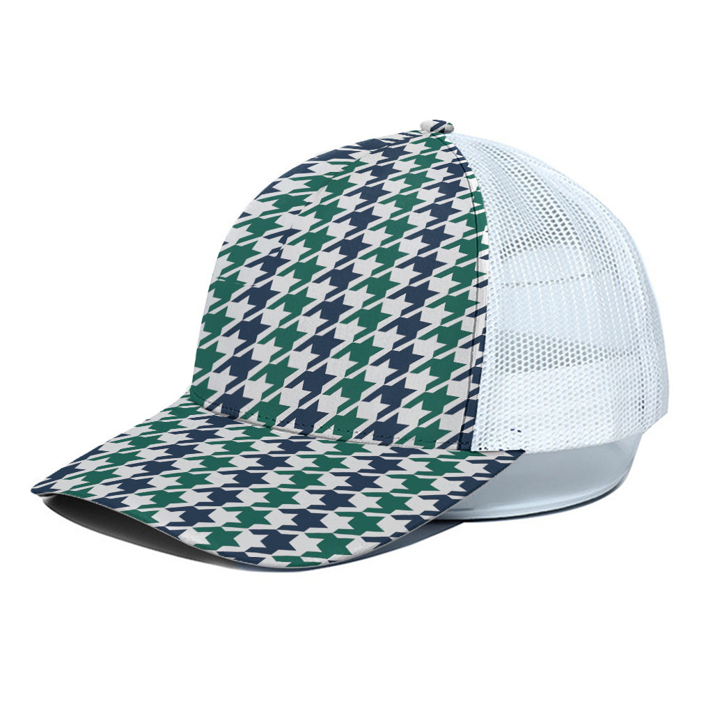 Blue Green And White Houndstooth Print White Mesh Trucker Cap