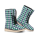Blue Green And White Houndstooth Print Winter Boots