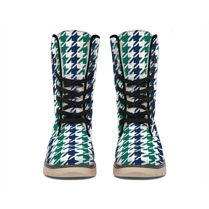Blue Green And White Houndstooth Print Winter Boots